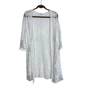 Cleo Women’s L/XL White Lace Kimono Cardigan Coverup Top Beach Swim Poolside Bed